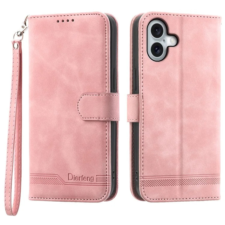 DIERFENG DF-03 For iPhone 16 Plus Wallet Case Lines Imprinted Leather Phone Cover