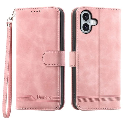 DIERFENG DF-03 For iPhone 16 Plus Wallet Case Lines Imprinted Leather Phone Cover
