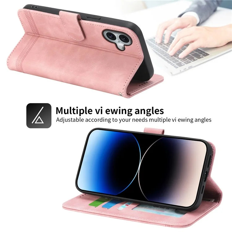 DIERFENG DF-03 For iPhone 16 Plus Wallet Case Lines Imprinted Leather Phone Cover