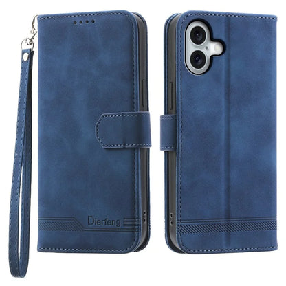 DIERFENG DF-03 For iPhone 16 Plus Wallet Case Lines Imprinted Leather Phone Cover