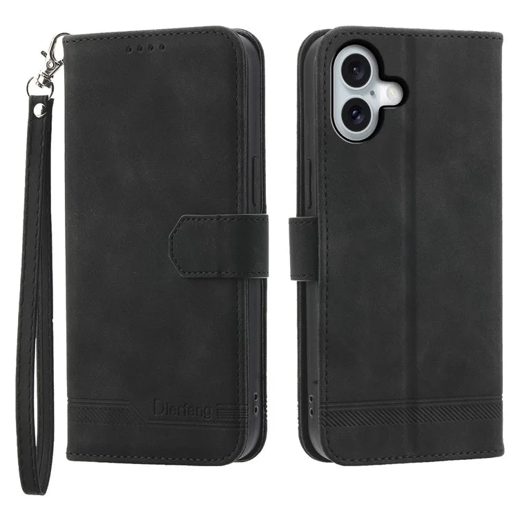 DIERFENG DF-03 For iPhone 16 Plus Wallet Case Lines Imprinted Leather Phone Cover