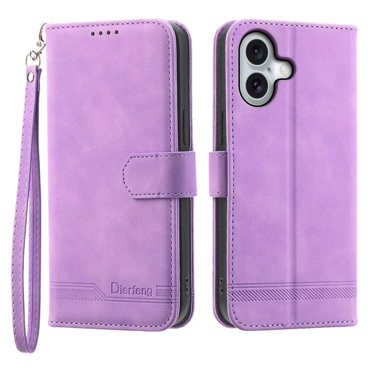 DIERFENG DF-03 For iPhone 16 Case Anti-Drop Lines Imprinted Wallet Phone Cover