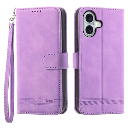 DIERFENG DF-03 For iPhone 16 Case Anti-Drop Lines Imprinted Wallet Phone Cover