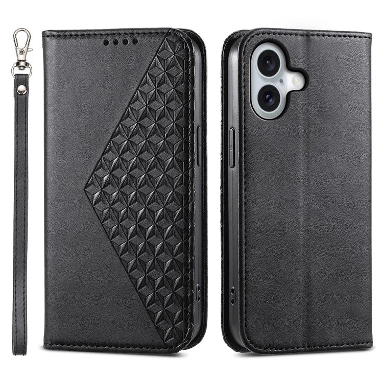 For iPhone 16 Wallet Case Calf Texture PU Leather Phone Cover with Strap