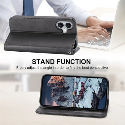 For iPhone 16 Wallet Case Calf Texture PU Leather Phone Cover with Strap