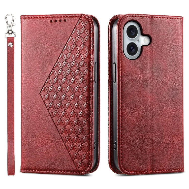 For iPhone 16 Wallet Case Calf Texture PU Leather Phone Cover with Strap