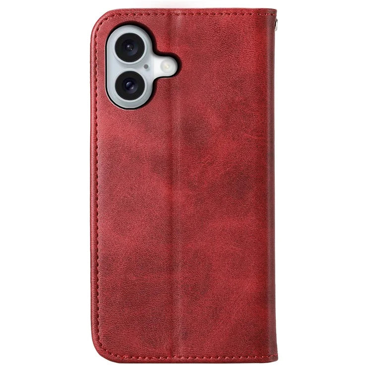 For iPhone 16 Wallet Case Calf Texture PU Leather Phone Cover with Strap