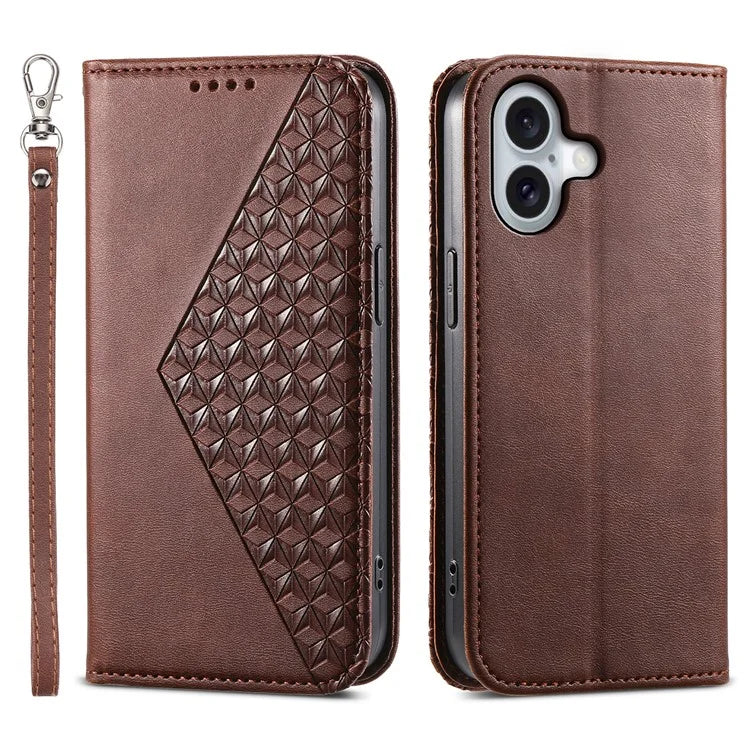 For iPhone 16 Wallet Case Calf Texture PU Leather Phone Cover with Strap
