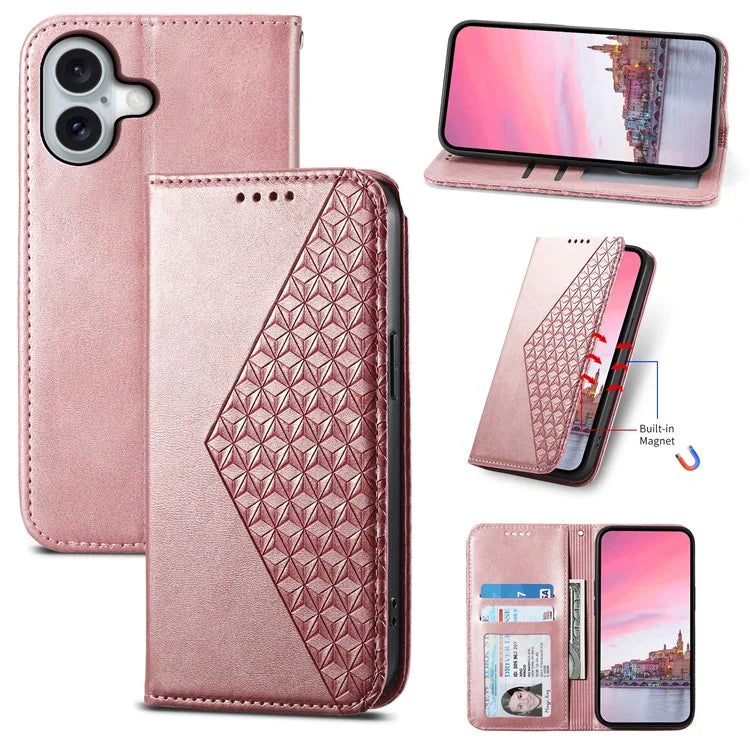 For iPhone 16 Wallet Case Calf Texture PU Leather Phone Cover with Strap
