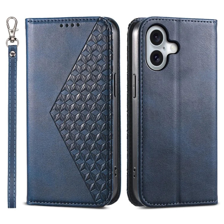 For iPhone 16 Wallet Case Calf Texture PU Leather Phone Cover with Strap