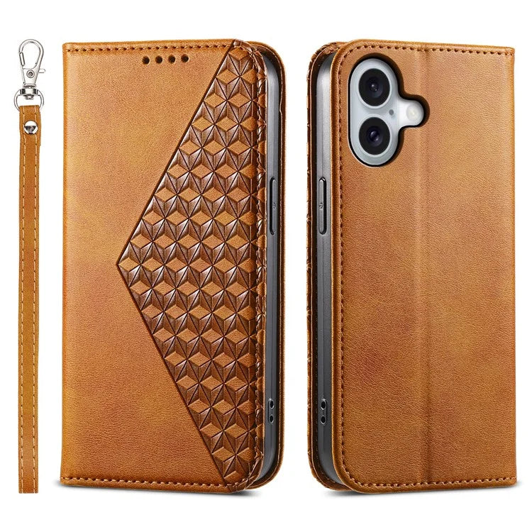 For iPhone 16 Wallet Case Calf Texture PU Leather Phone Cover with Strap