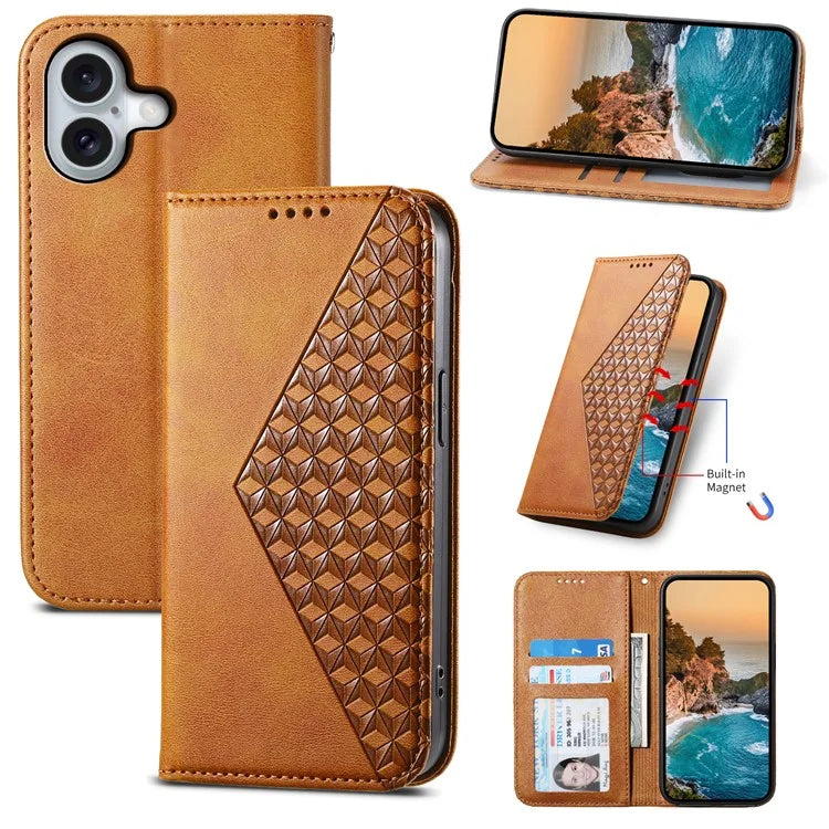 For iPhone 16 Wallet Case Calf Texture PU Leather Phone Cover with Strap