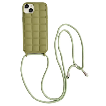 For iPhone 15 Plus Case Grid Pattern Flexible TPU Phone Cover with Long Lanyard