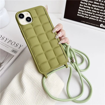 For iPhone 15 Plus Case Grid Pattern Flexible TPU Phone Cover with Long Lanyard