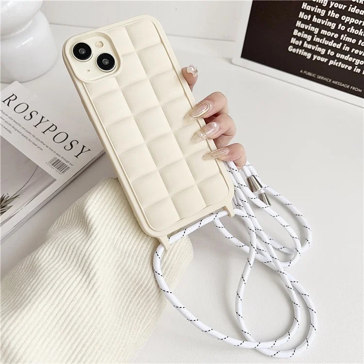 For iPhone 15 Plus Case Grid Pattern Flexible TPU Phone Cover with Long Lanyard