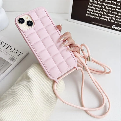 For iPhone 15 Plus Case Grid Pattern Flexible TPU Phone Cover with Long Lanyard
