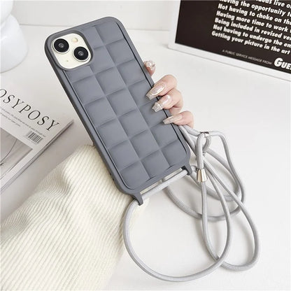 For iPhone 15 Plus Case Grid Pattern Flexible TPU Phone Cover with Long Lanyard