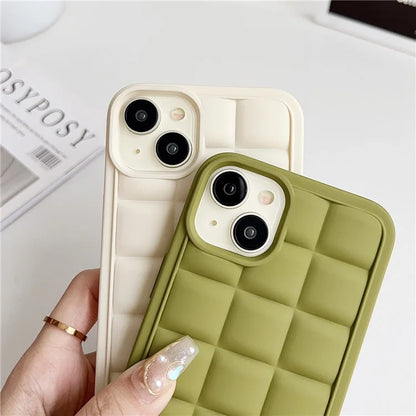 For iPhone 15 Plus Case Grid Pattern Flexible TPU Phone Cover with Long Lanyard