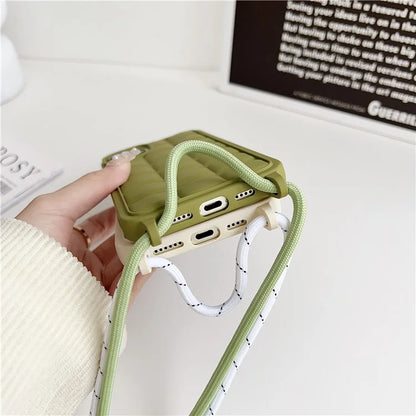 For iPhone 15 Plus Case Grid Pattern Flexible TPU Phone Cover with Long Lanyard