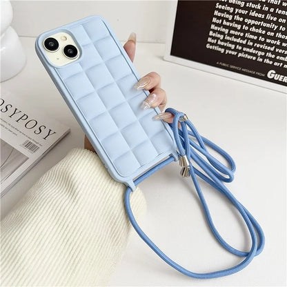 For iPhone 15 Plus Case Grid Pattern Flexible TPU Phone Cover with Long Lanyard