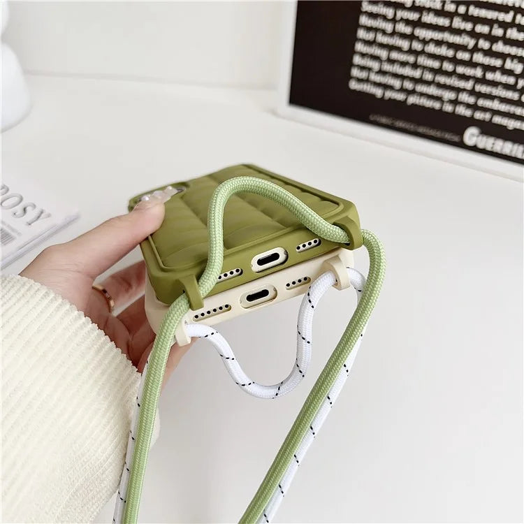 For iPhone 15 Plus Case Grid Pattern Flexible TPU Phone Cover with Long Lanyard