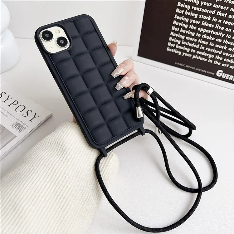For iPhone 15 Plus Case Grid Pattern Flexible TPU Phone Cover with Long Lanyard