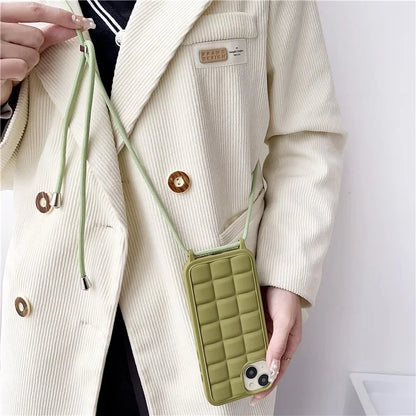 For iPhone 15 Plus Case Grid Pattern Flexible TPU Phone Cover with Long Lanyard