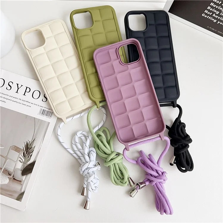 For iPhone 15 Plus Case Grid Pattern Flexible TPU Phone Cover with Long Lanyard