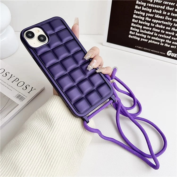 For iPhone 15 Plus Case Grid Pattern Flexible TPU Phone Cover with Long Lanyard