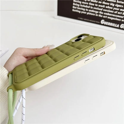 For iPhone 15 Plus Case Grid Pattern Flexible TPU Phone Cover with Long Lanyard