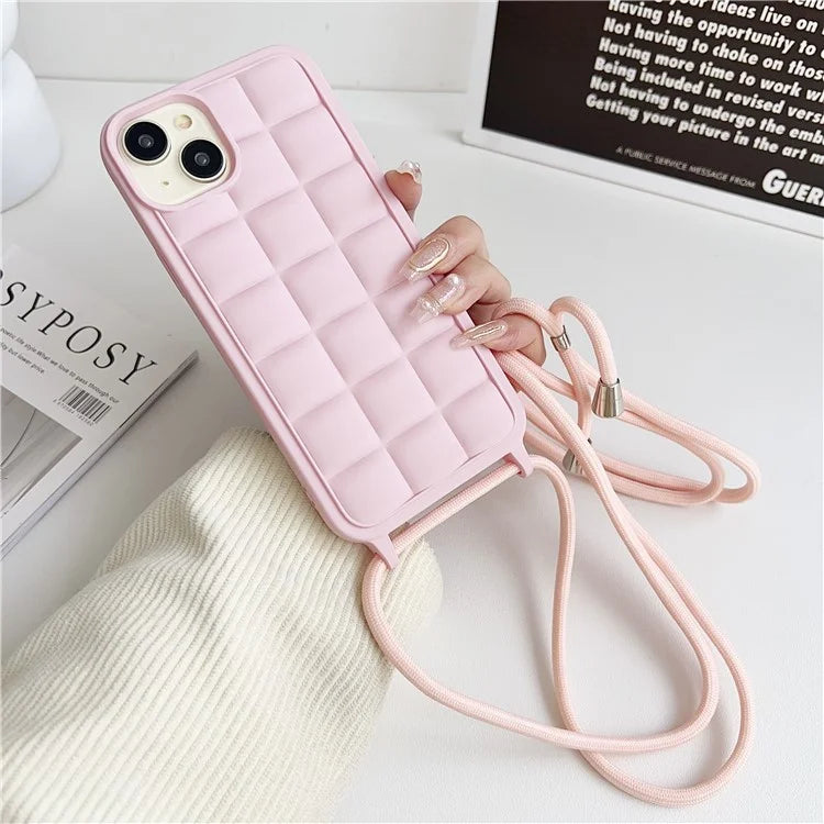 For iPhone 14 Plus Case Aesthetic 3D Grid TPU Phone Cover with Adjustable Lanyard