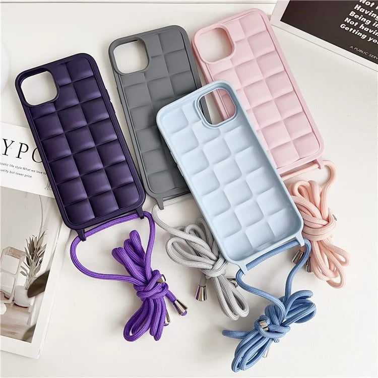 For iPhone 14 Plus Case Aesthetic 3D Grid TPU Phone Cover with Adjustable Lanyard