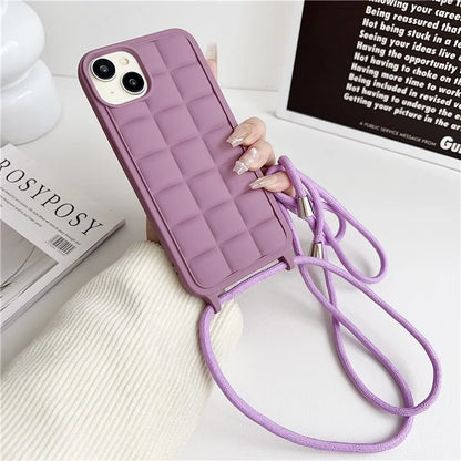 For iPhone 14 Plus Case Aesthetic 3D Grid TPU Phone Cover with Adjustable Lanyard