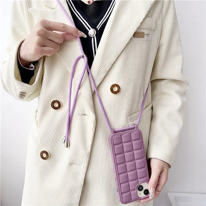 For iPhone 14 Plus Case Aesthetic 3D Grid TPU Phone Cover with Adjustable Lanyard