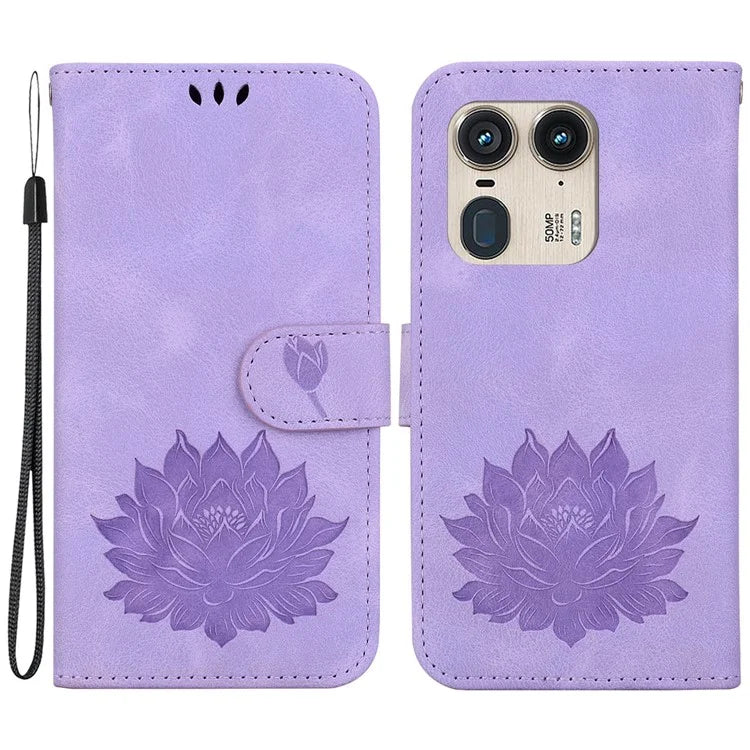 For Motorola Edge 50 Ultra 5G / Moto X50 Ultra 5G Wallet Phone Stand Case Imprinted Lotus Pattern PU Leather Phone Cover