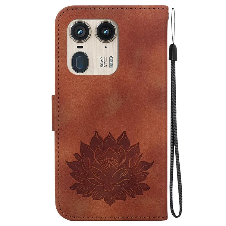 For Motorola Edge 50 Ultra 5G / Moto X50 Ultra 5G Wallet Phone Stand Case Imprinted Lotus Pattern PU Leather Phone Cover