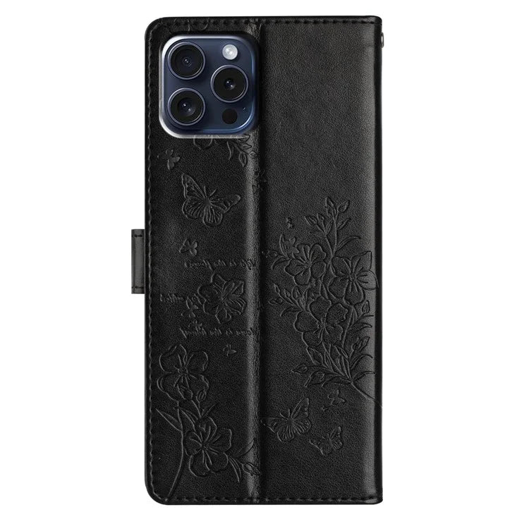For iPhone 16 Pro Max Case Butterfly Floral Imprint Leather Stand Phone Cover with Wallet