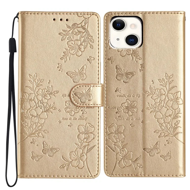 For iPhone 15 Wallet Case Butterfly Floral Imprint Leather Phone Cover with Strap