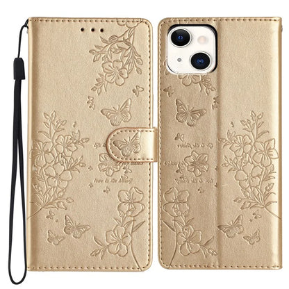 For iPhone 15 Wallet Case Butterfly Floral Imprint Leather Phone Cover with Strap