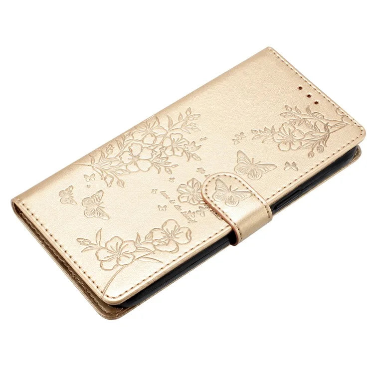 For iPhone 15 Wallet Case Butterfly Floral Imprint Leather Phone Cover with Strap