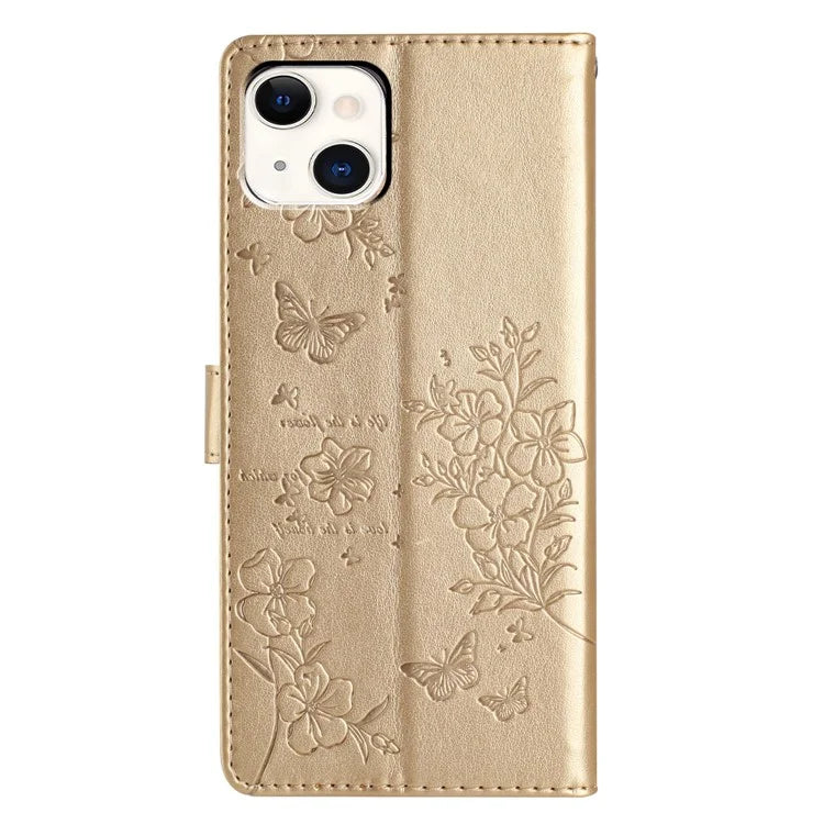 For iPhone 15 Wallet Case Butterfly Floral Imprint Leather Phone Cover with Strap