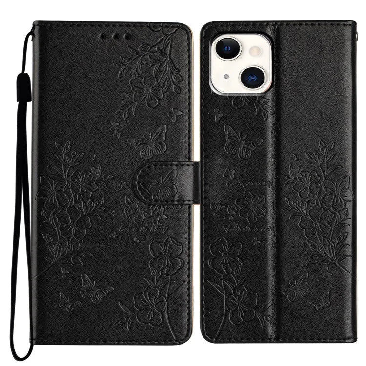 For iPhone 15 Wallet Case Butterfly Floral Imprint Leather Phone Cover with Strap