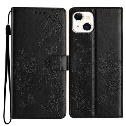 For iPhone 15 Wallet Case Butterfly Floral Imprint Leather Phone Cover with Strap