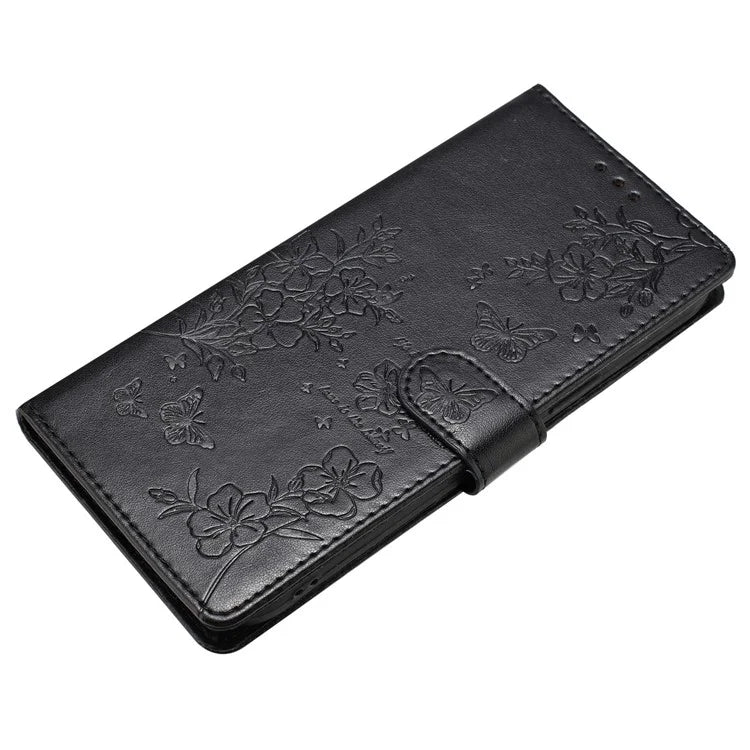 For iPhone 15 Wallet Case Butterfly Floral Imprint Leather Phone Cover with Strap