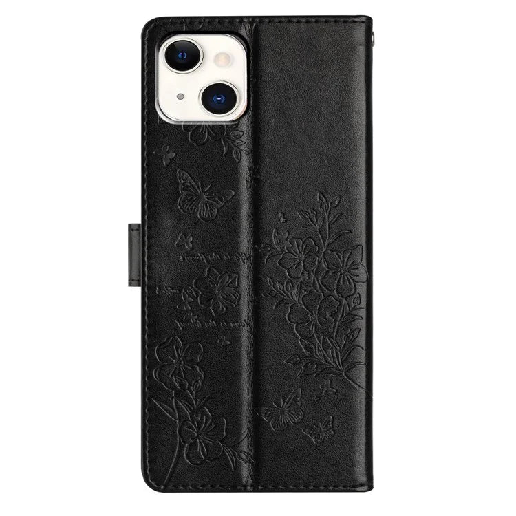 For iPhone 15 Wallet Case Butterfly Floral Imprint Leather Phone Cover with Strap