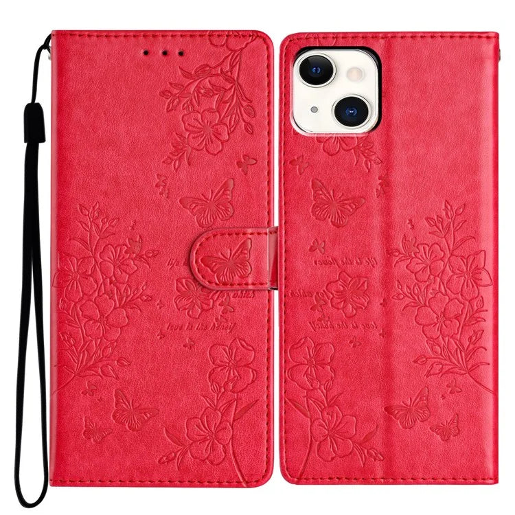 For iPhone 15 Wallet Case Butterfly Floral Imprint Leather Phone Cover with Strap