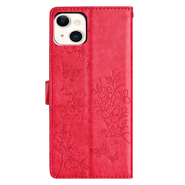 For iPhone 15 Wallet Case Butterfly Floral Imprint Leather Phone Cover with Strap