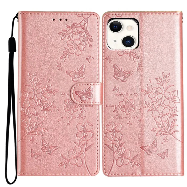 For iPhone 15 Wallet Case Butterfly Floral Imprint Leather Phone Cover with Strap