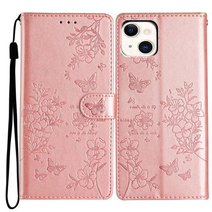 For iPhone 15 Wallet Case Butterfly Floral Imprint Leather Phone Cover with Strap