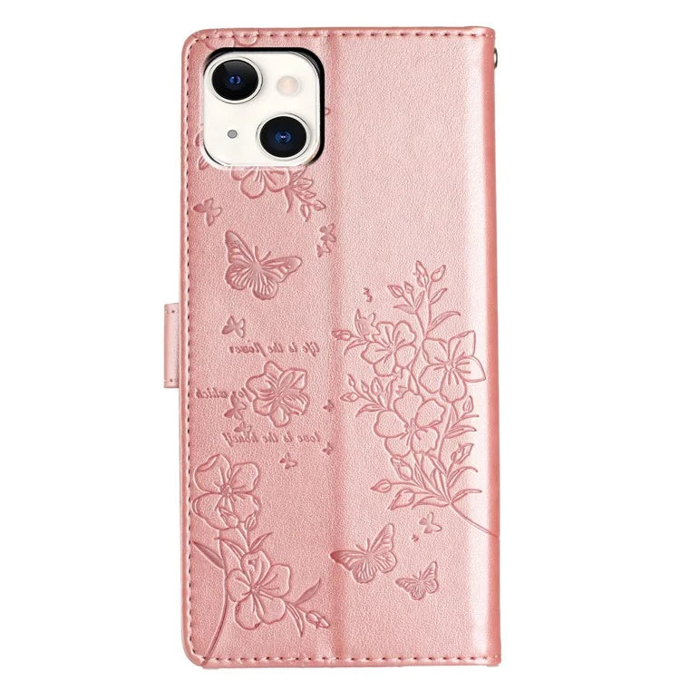 For iPhone 15 Wallet Case Butterfly Floral Imprint Leather Phone Cover with Strap